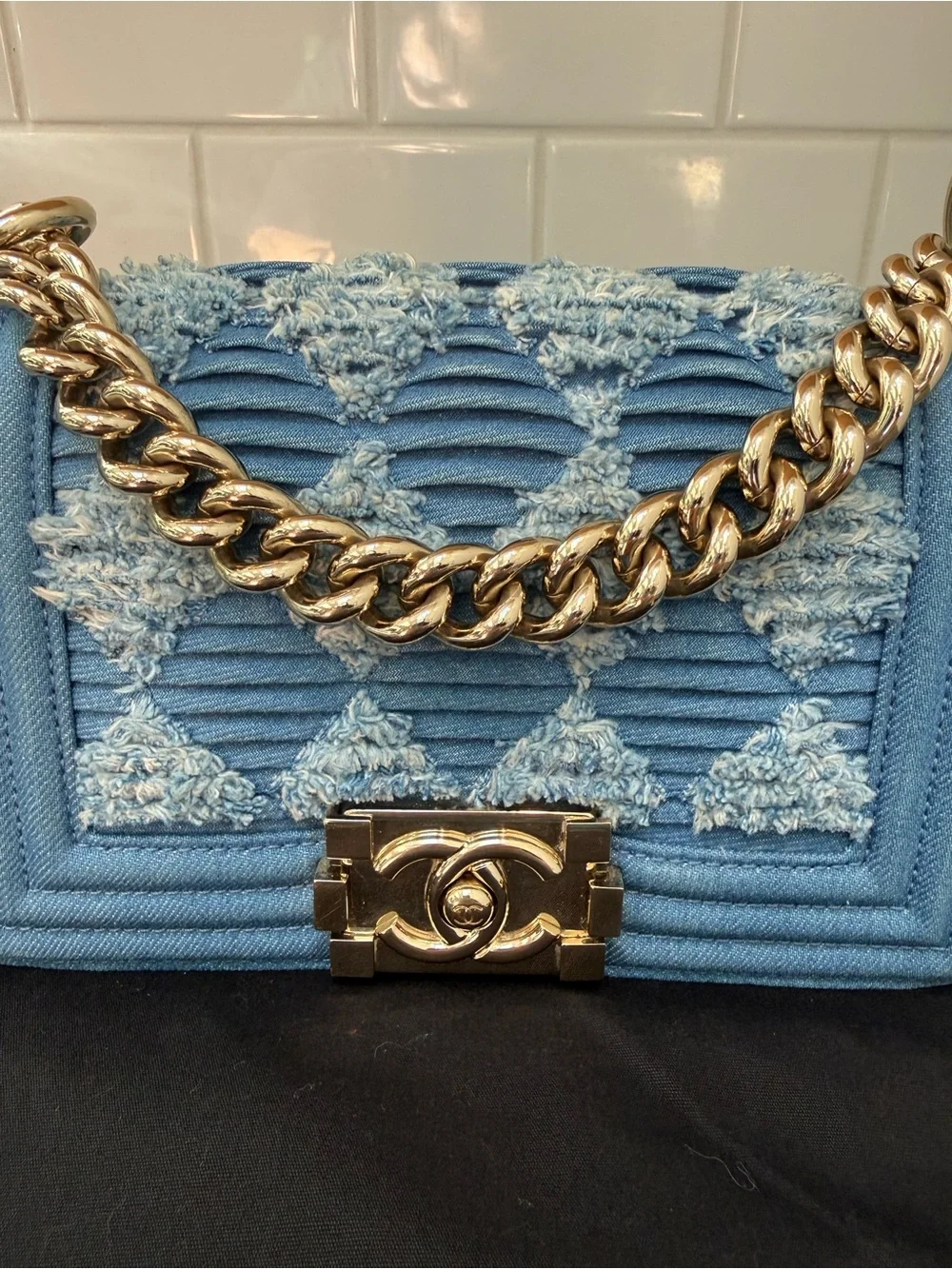 CHANEL Pleated Blue Denim Small Boy Bag with Champagne Gold Hardware